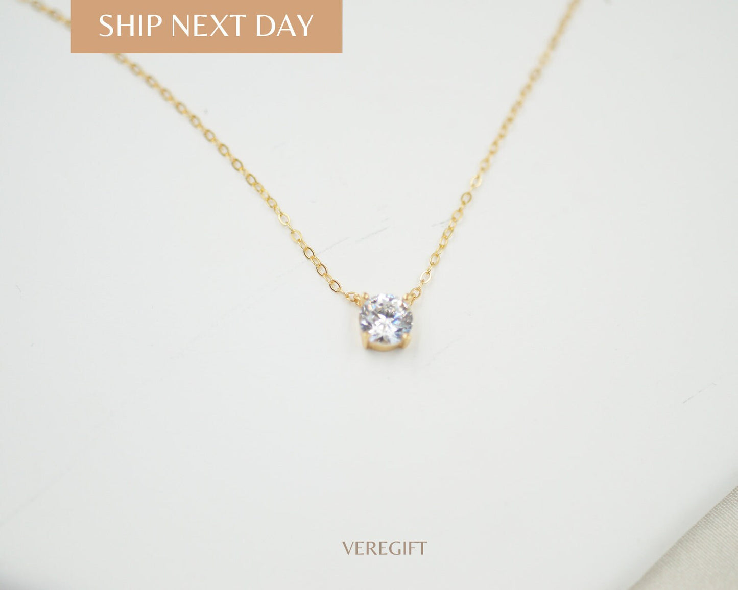14K Gold Sterling Silver CZ Necklace: Adjustable Solitaire Pendant