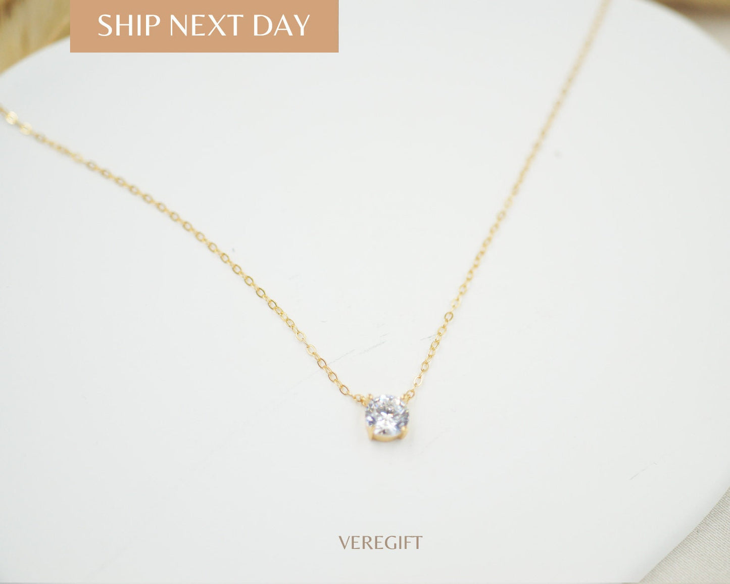 14K Gold Sterling Silver CZ Necklace: Adjustable Solitaire Pendant