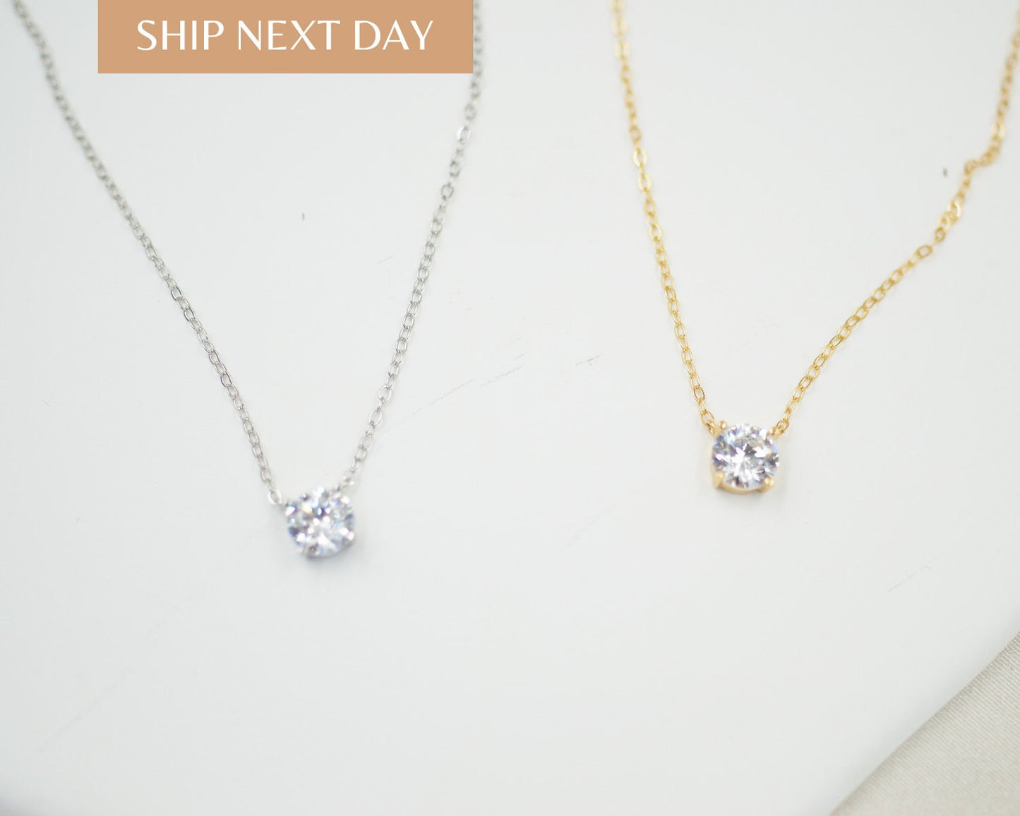 14K Gold Sterling Silver CZ Necklace: Adjustable Solitaire Pendant