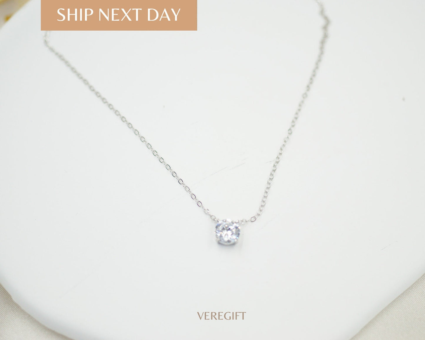 14K Gold Sterling Silver CZ Necklace: Adjustable Solitaire Pendant