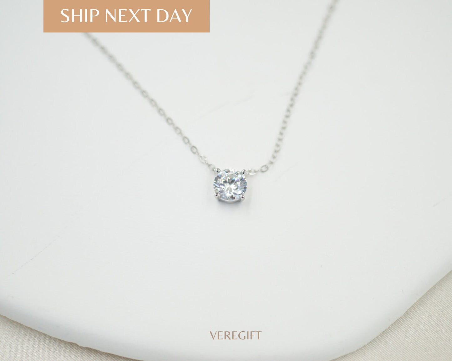 14K Gold Sterling Silver CZ Necklace: Adjustable Solitaire Pendant