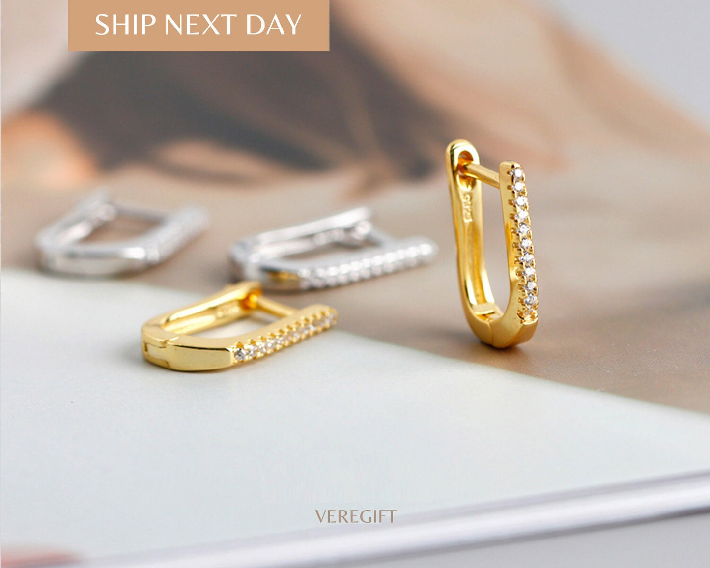 18k Gold Plated Sterling Silver U Hoop Earrings: Minimalist Lever Back