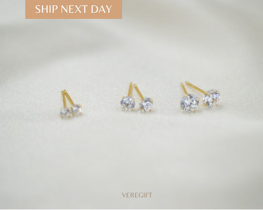 Dainty CZ Stud Earrings: 925 Sterling Silver, Minimalist Jewelry