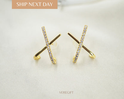 Cross Bar Stud Earrings, Cute Stud Earrings, Minimalist Stud Earrings, Gifts for Her Stud Earrings, Best Friend Gifts Earrings- EH4019