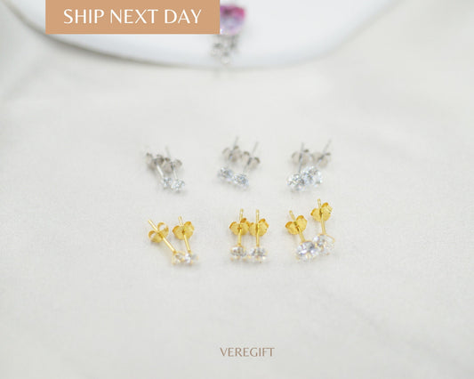 Dainty CZ Stud Earrings: 925 Sterling Silver, Minimalist Jewelry