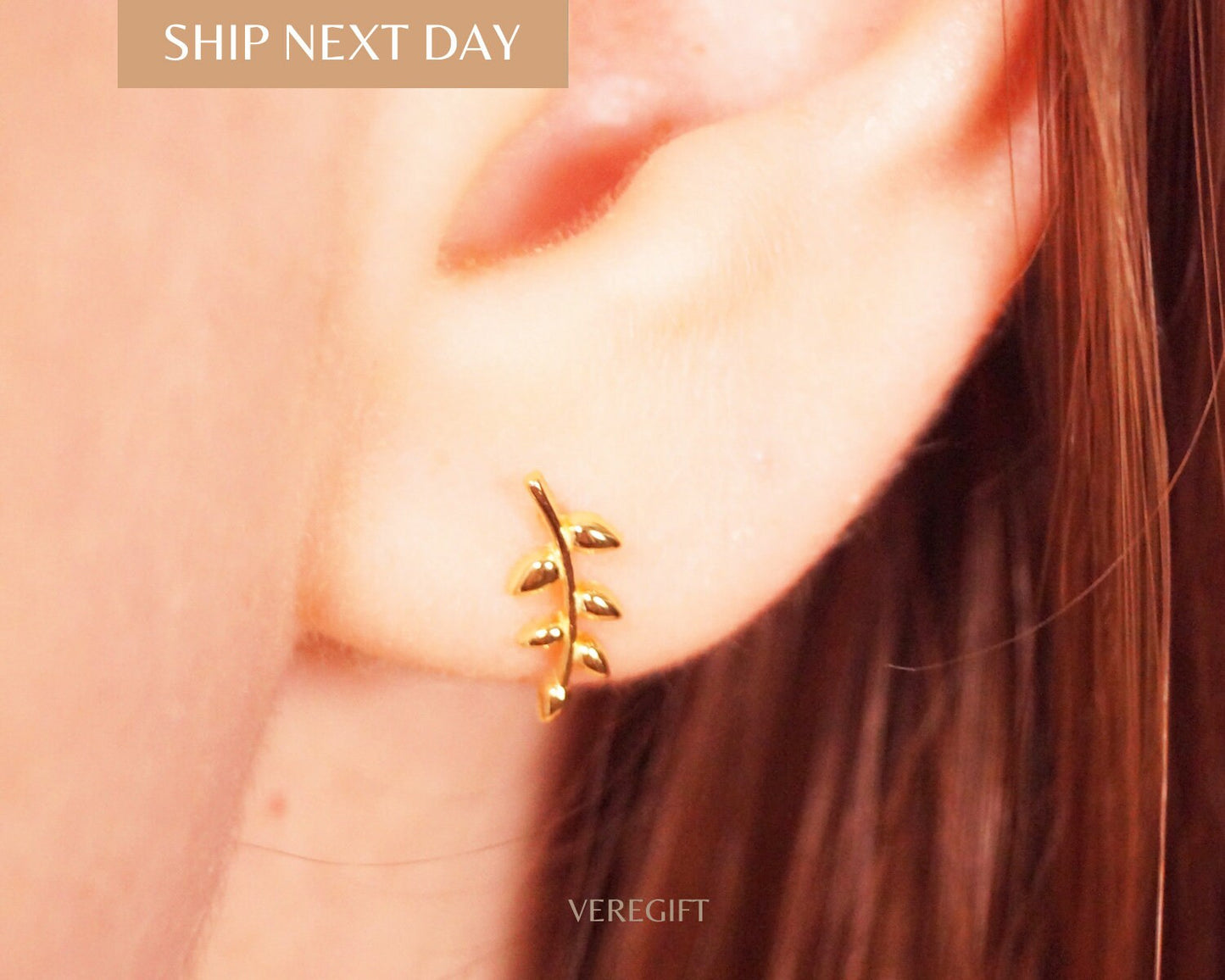 birthday gift, jewelry, stud earrings, Sterling Silver Plated 14K Gold Mini Leaf Earrings - EH5002
