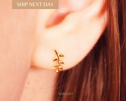 birthday gift, jewelry, stud earrings, Sterling Silver Plated 14K Gold Mini Leaf Earrings - EH5002
