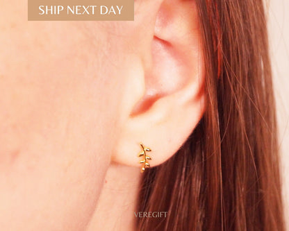 birthday gift, jewelry, stud earrings, Sterling Silver Plated 14K Gold Mini Leaf Earrings - EH5002