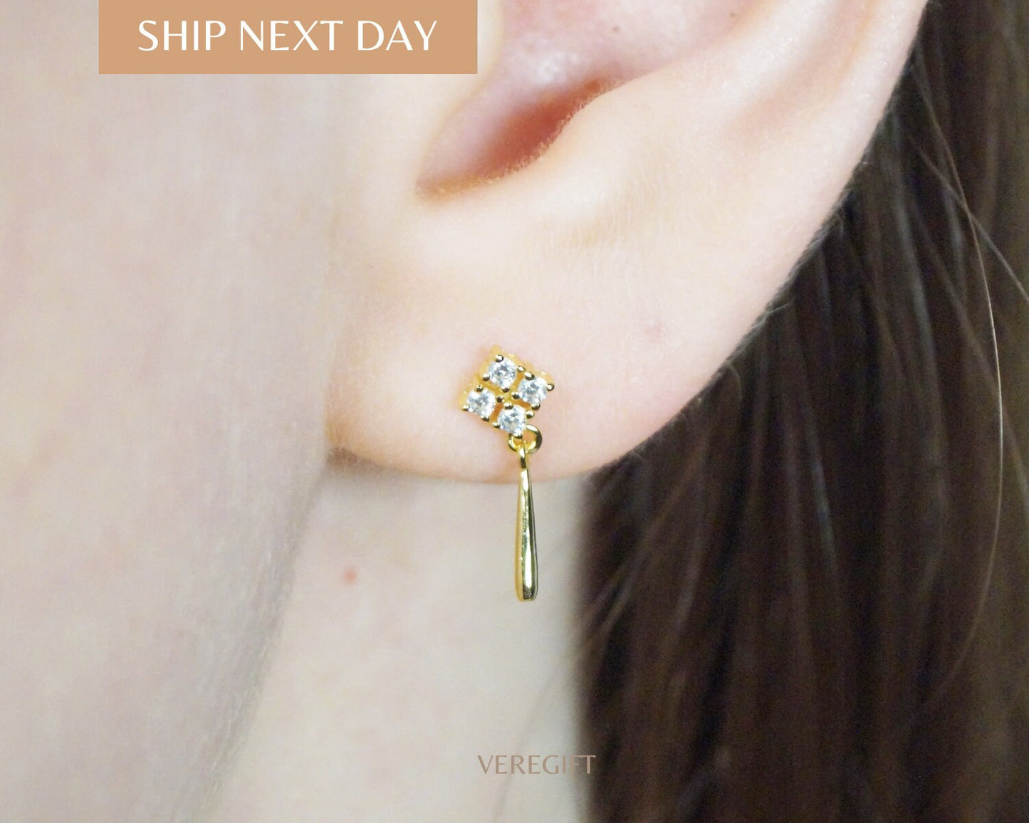 birthday gift, minimalist earrings, Exquisite Diamond-Studded S925 Silver Plated 14K Gold Earrings -EH5005