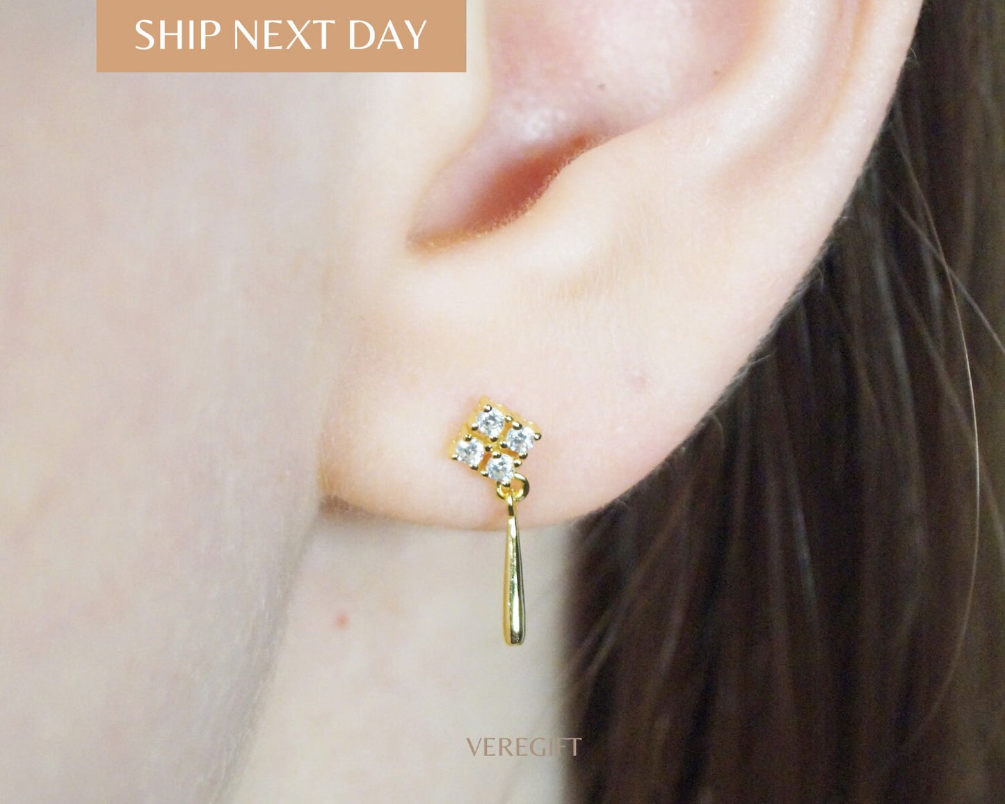 birthday gift, minimalist earrings, Exquisite Diamond-Studded S925 Silver Plated 14K Gold Earrings -EH5005