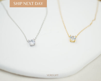 14K Gold Sterling Silver CZ Necklace: Adjustable Solitaire Pendant