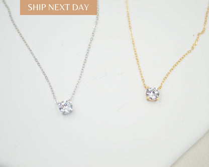 14K Gold Sterling Silver CZ Necklace: Adjustable Solitaire Pendant
