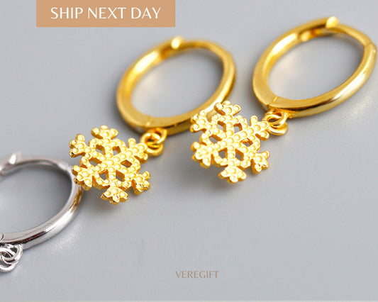 18k Gold Plated Snowflake Hoop Earrings: Sterling Silver Minimalist Jewelry