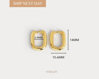 18k Gold Plated Rectangular Hoop Earrings: Minimalist Sterling Silver