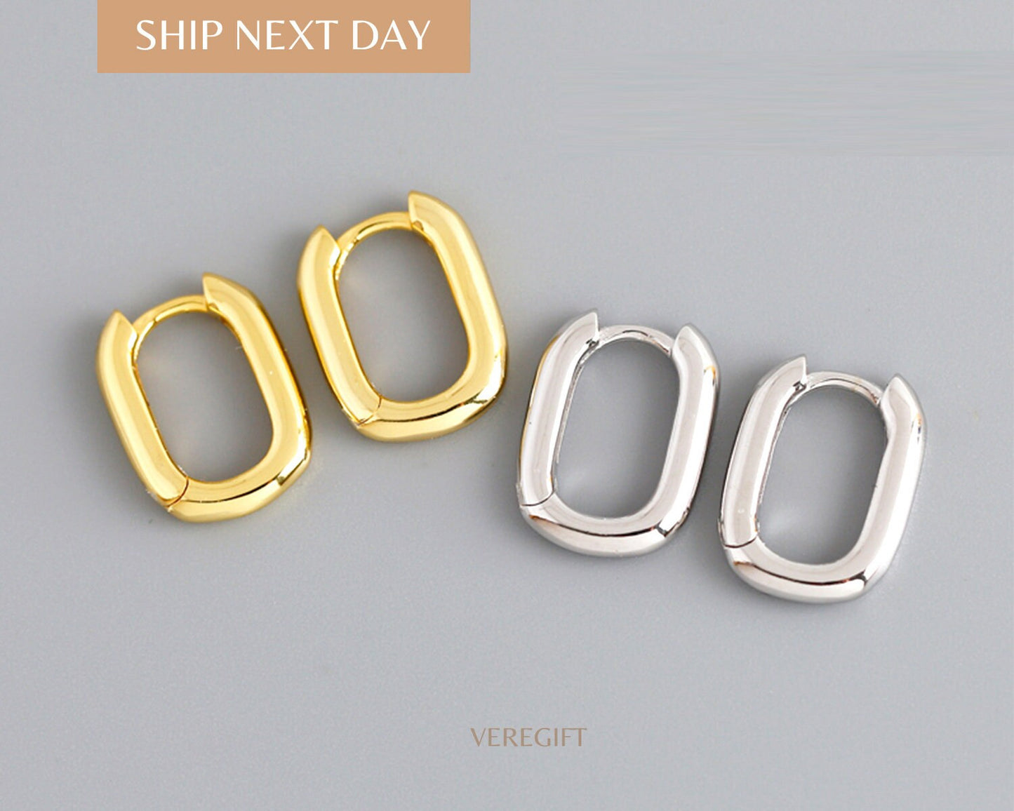 18k Gold Plated Rectangular Hoop Earrings: Minimalist Sterling Silver