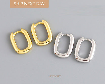 18k Gold Plated Rectangular Hoop Earrings: Minimalist Sterling Silver