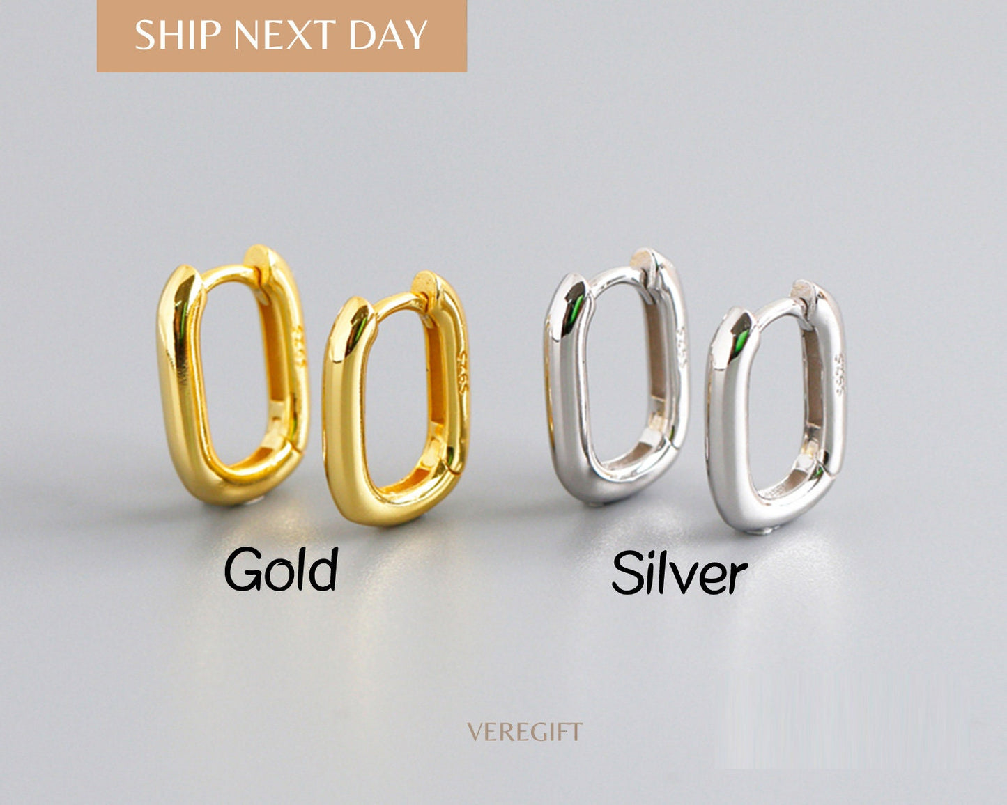 18k Gold Plated Rectangular Hoop Earrings: Minimalist Sterling Silver