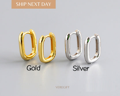 18k Gold Plated Rectangular Hoop Earrings: Minimalist Sterling Silver