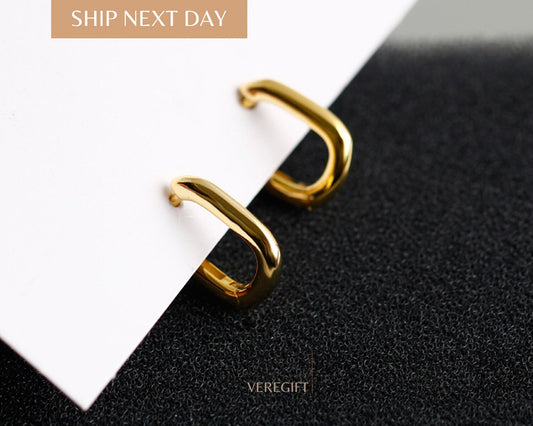 18k Gold Plated Rectangular Hoop Earrings: Minimalist Sterling Silver