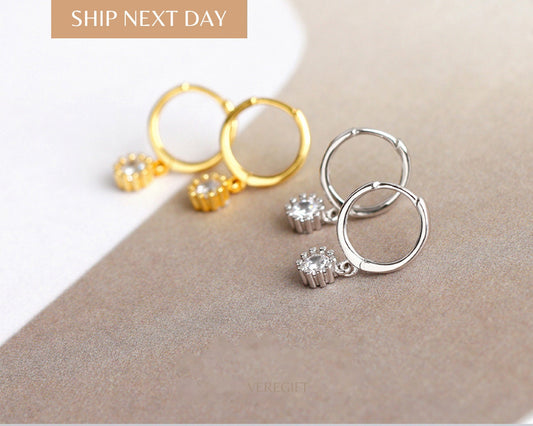 Crystal Drop Hoop Earrings: 18k Gold Plated Sterling Silver