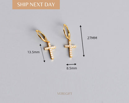 Cross Hoop Earrings: 18k Gold Plated Sterling Silver, Minimalist Gift