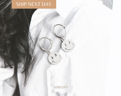 18k Gold Plated Smiley Face Hoop Earrings: Sterling Silver Minimalist Jewelry - EH1113