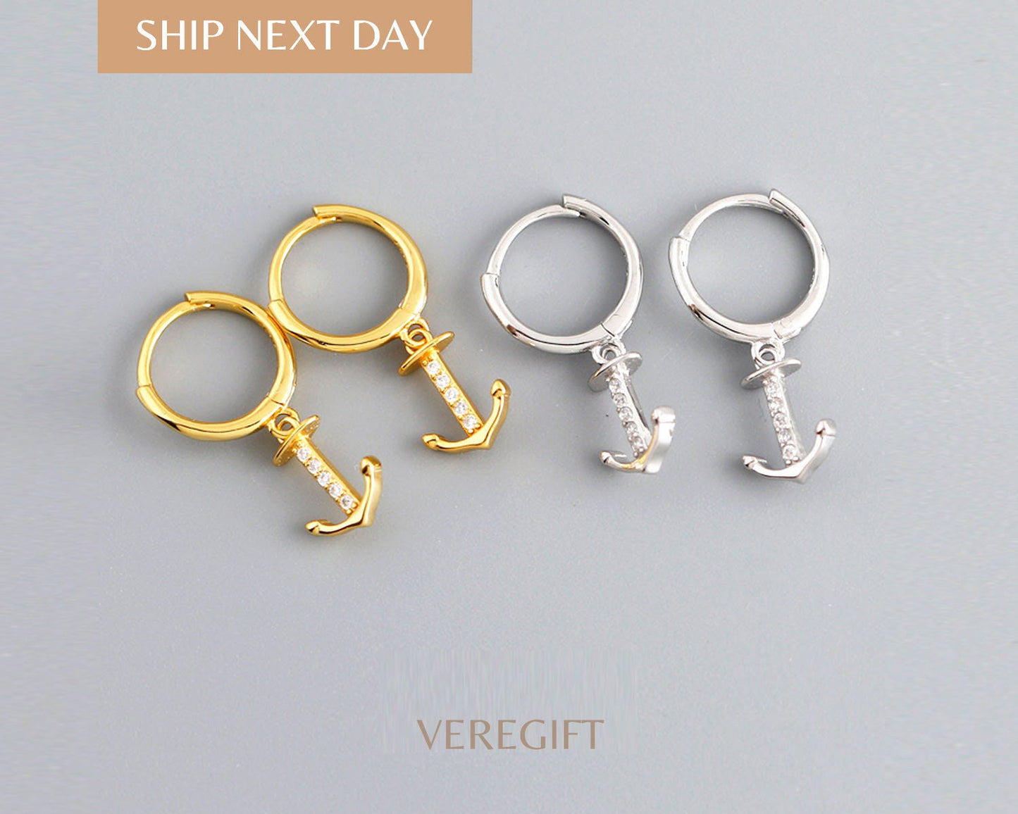 18k Gold Plated Anchor Hoop Earrings: Sterling Silver Nautical Jewelry