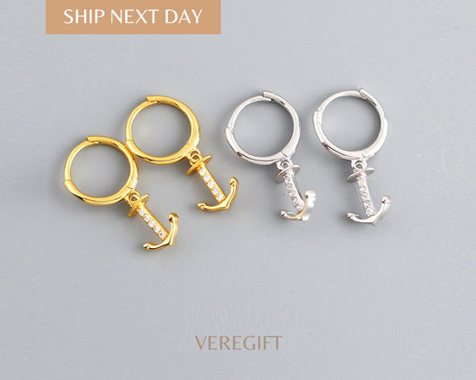18k Gold Plated Anchor Hoop Earrings: Sterling Silver Nautical Jewelry
