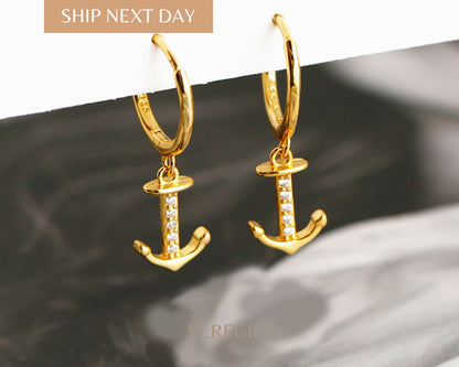 18k Gold Plated Anchor Hoop Earrings: Sterling Silver Nautical Jewelry