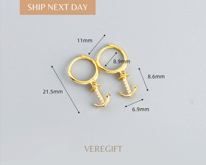 18k Gold Plated Anchor Hoop Earrings: Sterling Silver Nautical Jewelry