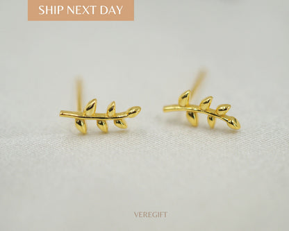 birthday gift, jewelry, stud earrings, Sterling Silver Plated 14K Gold Mini Leaf Earrings - EH5002