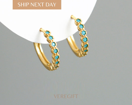 Blue Zircon Hoop Earrings: 18k Gold Plated Sterling Silver - EH1205