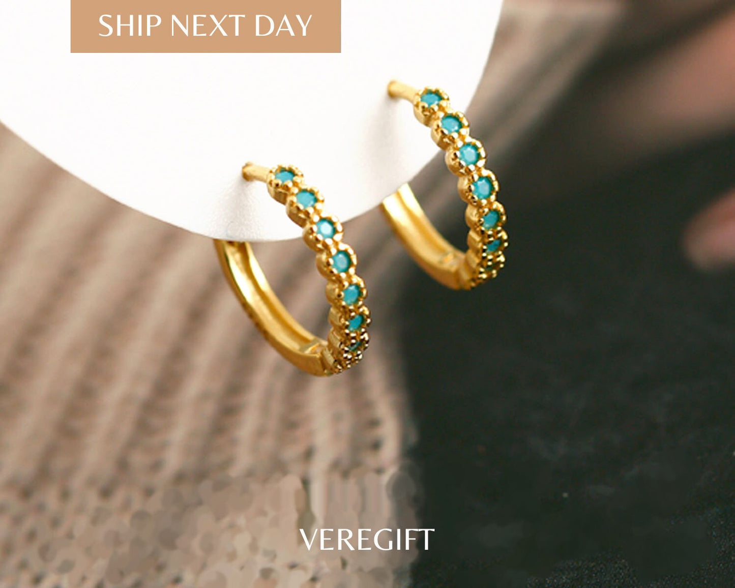 Blue Zircon Hoop Earrings: 18k Gold Plated Sterling Silver - EH1205