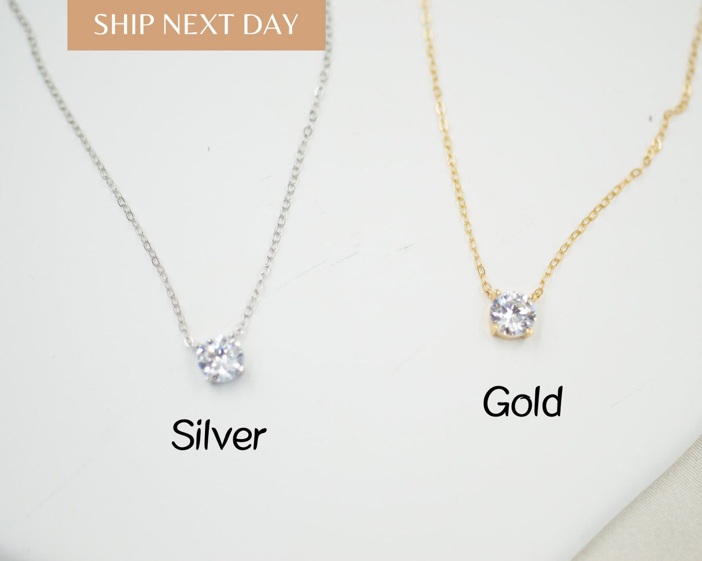 14K Gold Sterling Silver CZ Necklace: Adjustable Solitaire Pendant