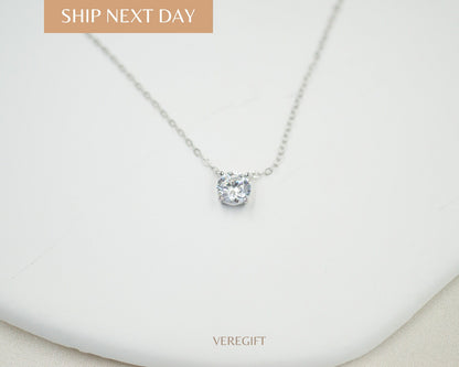 14K Gold Sterling Silver CZ Necklace: Adjustable Solitaire Pendant