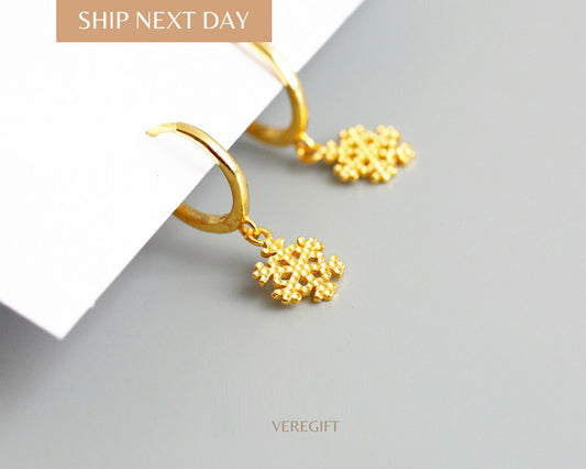18k Gold Plated Snowflake Hoop Earrings: Sterling Silver Minimalist Jewelry