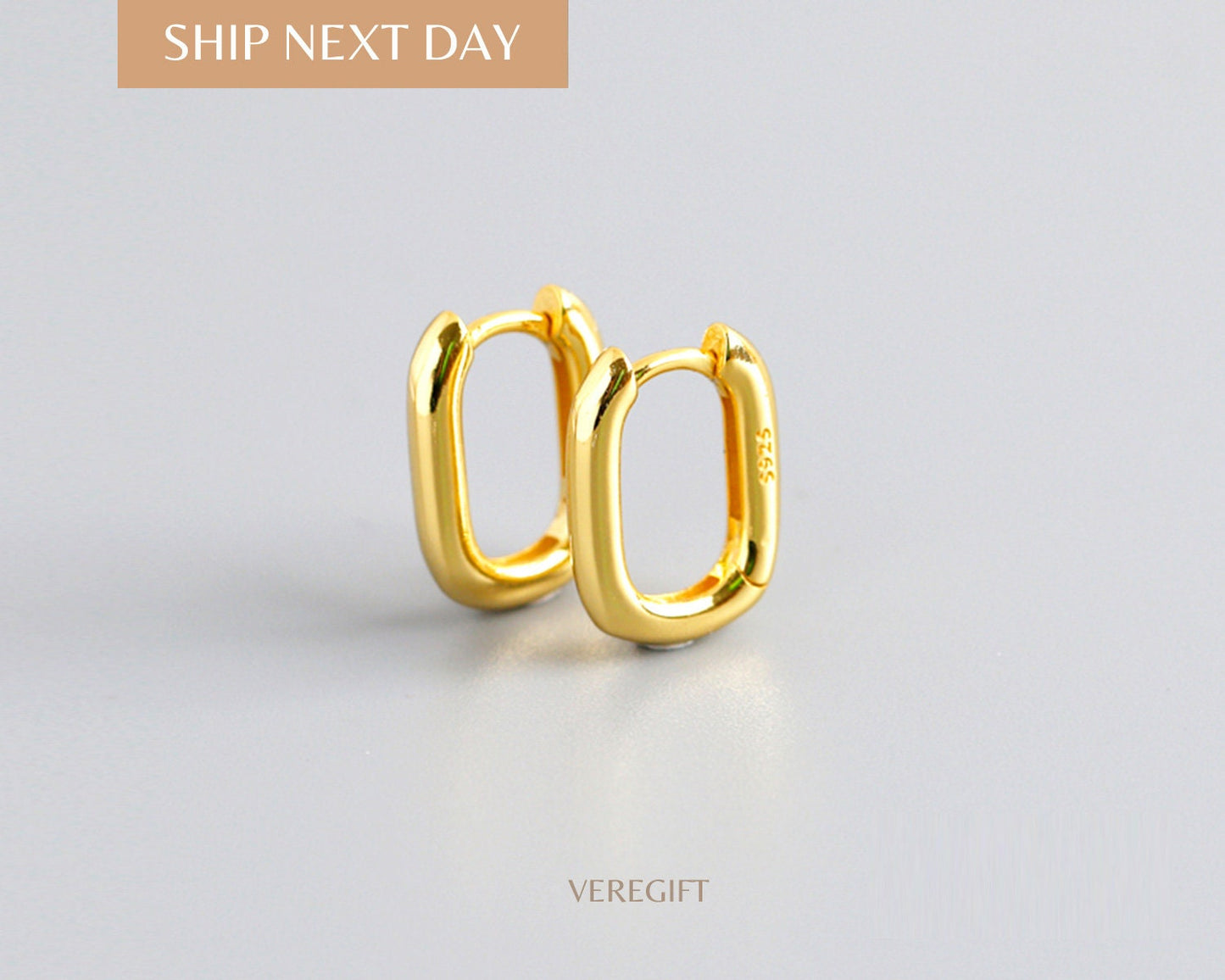 18k Gold Plated Rectangular Hoop Earrings: Minimalist Sterling Silver