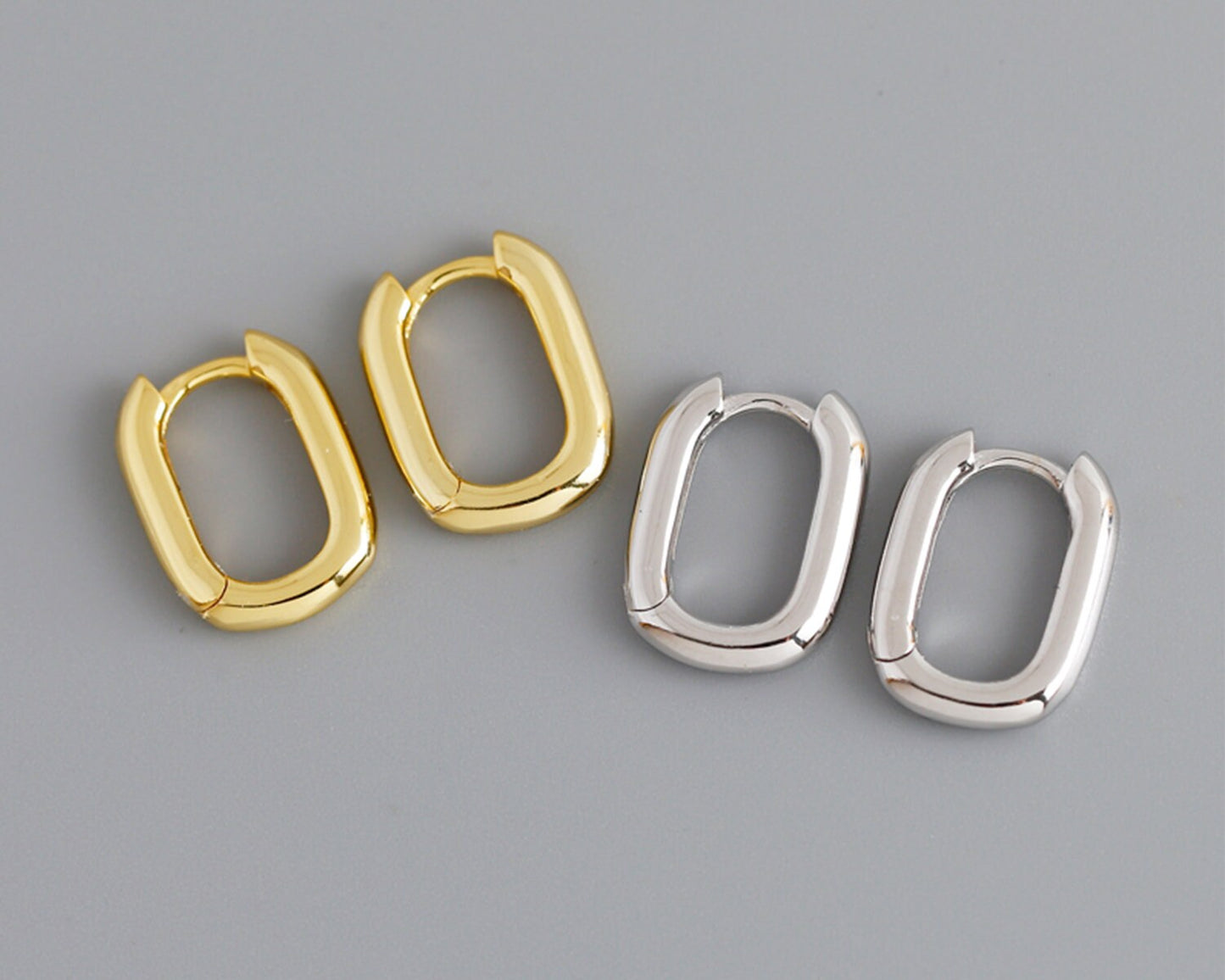 18k Gold Plated Rectangular Hoop Earrings: Minimalist Sterling Silver
