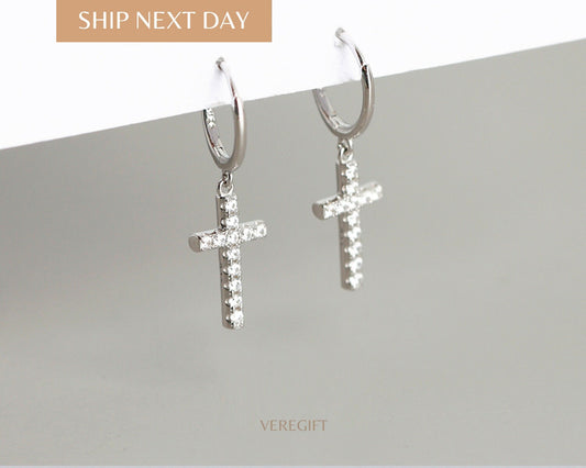 Cross Hoop Earrings: 18k Gold Plated Sterling Silver, Minimalist Gift