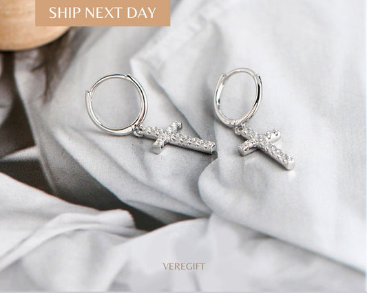 Cross Hoop Earrings: 18k Gold Plated Sterling Silver, Minimalist Gift