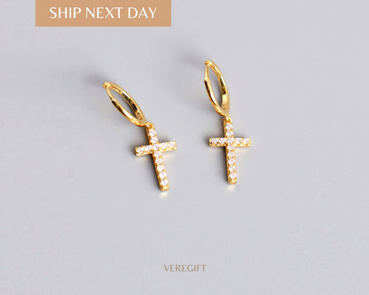 Cross Hoop Earrings: 18k Gold Plated Sterling Silver, Minimalist Gift