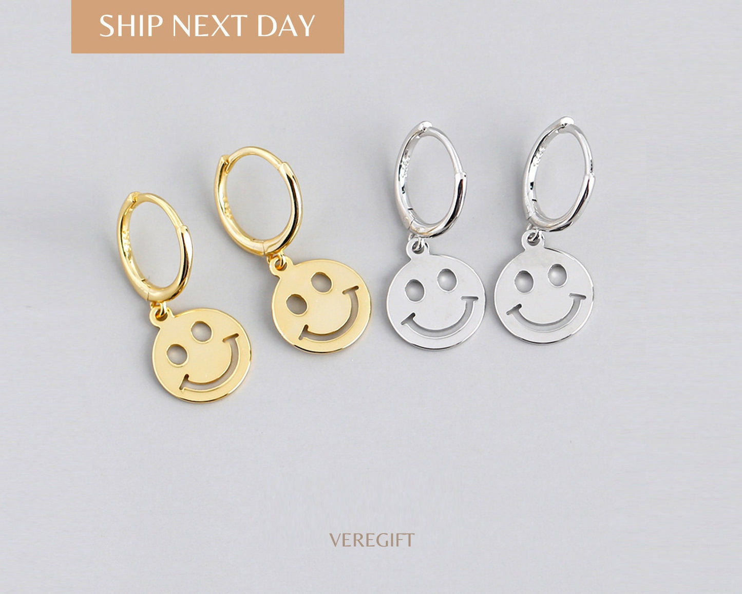 18k Gold Plated Smiley Face Hoop Earrings: Sterling Silver Minimalist Jewelry - EH1113