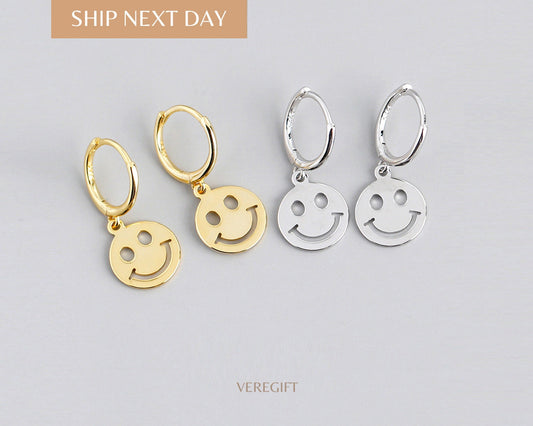 18k Gold Plated Smiley Face Hoop Earrings: Sterling Silver Minimalist Jewelry - EH1113