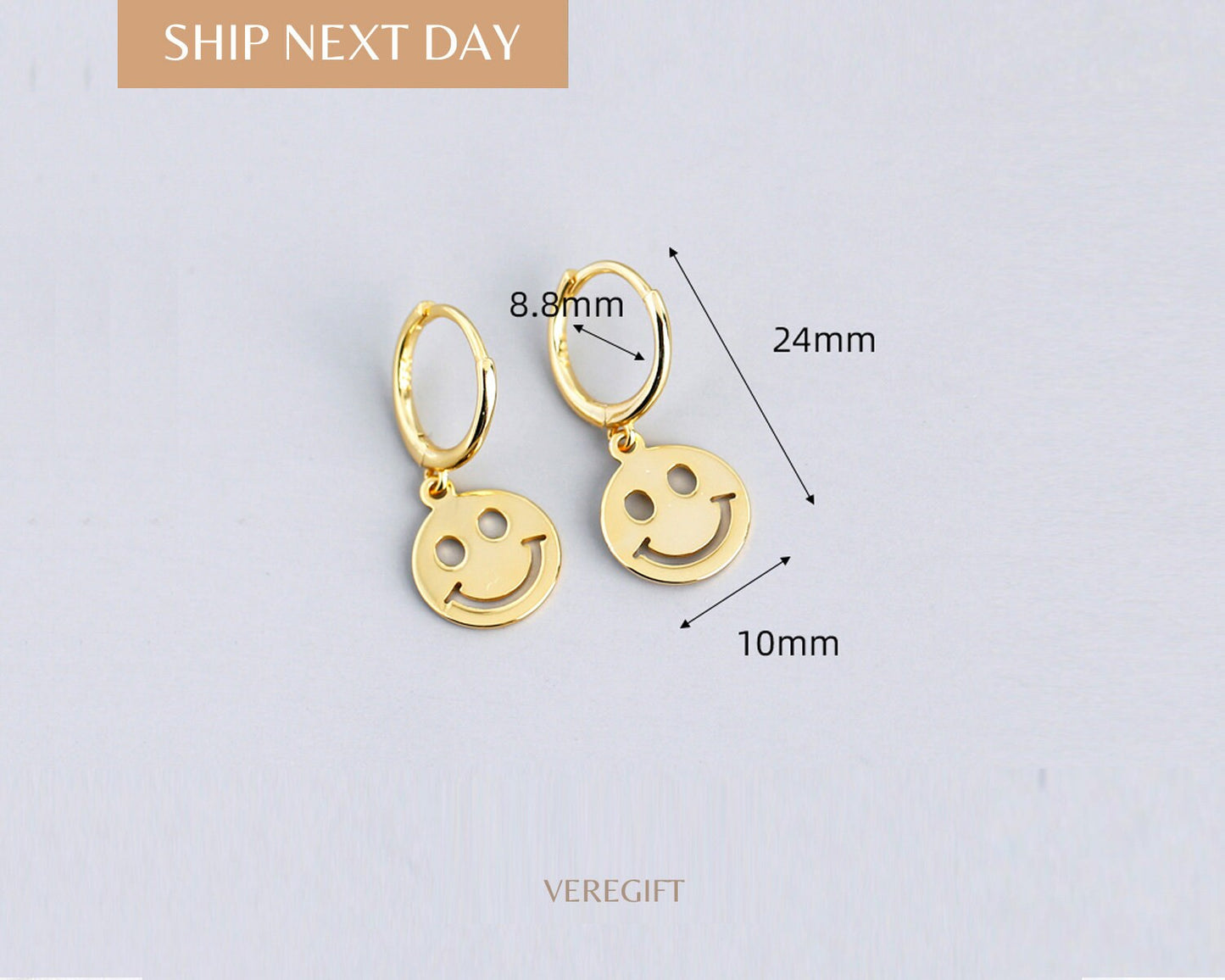 18k Gold Plated Smiley Face Hoop Earrings: Sterling Silver Minimalist Jewelry - EH1113