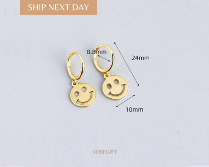 18k Gold Plated Smiley Face Hoop Earrings: Sterling Silver Minimalist Jewelry - EH1113