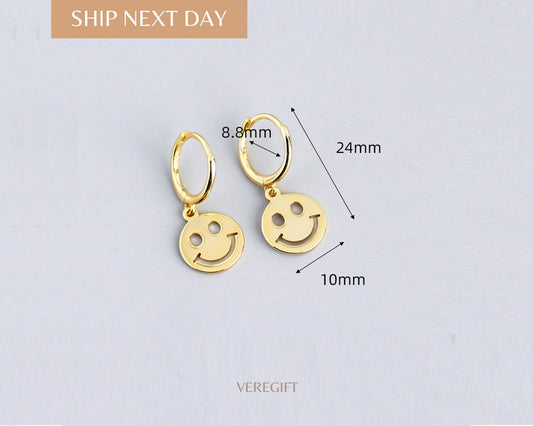 18k Gold Plated Smiley Face Hoop Earrings: Sterling Silver Minimalist Jewelry - EH1113