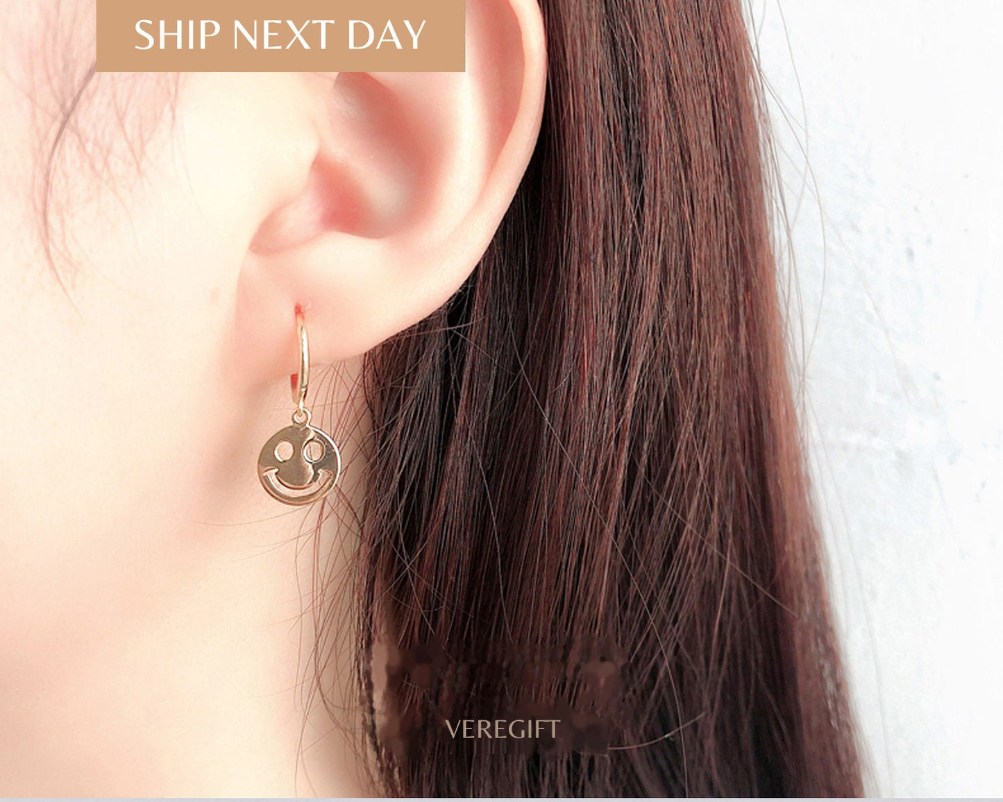 18k Gold Plated Smiley Face Hoop Earrings: Sterling Silver Minimalist Jewelry - EH1113