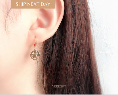 18k Gold Plated Smiley Face Hoop Earrings: Sterling Silver Minimalist Jewelry - EH1113