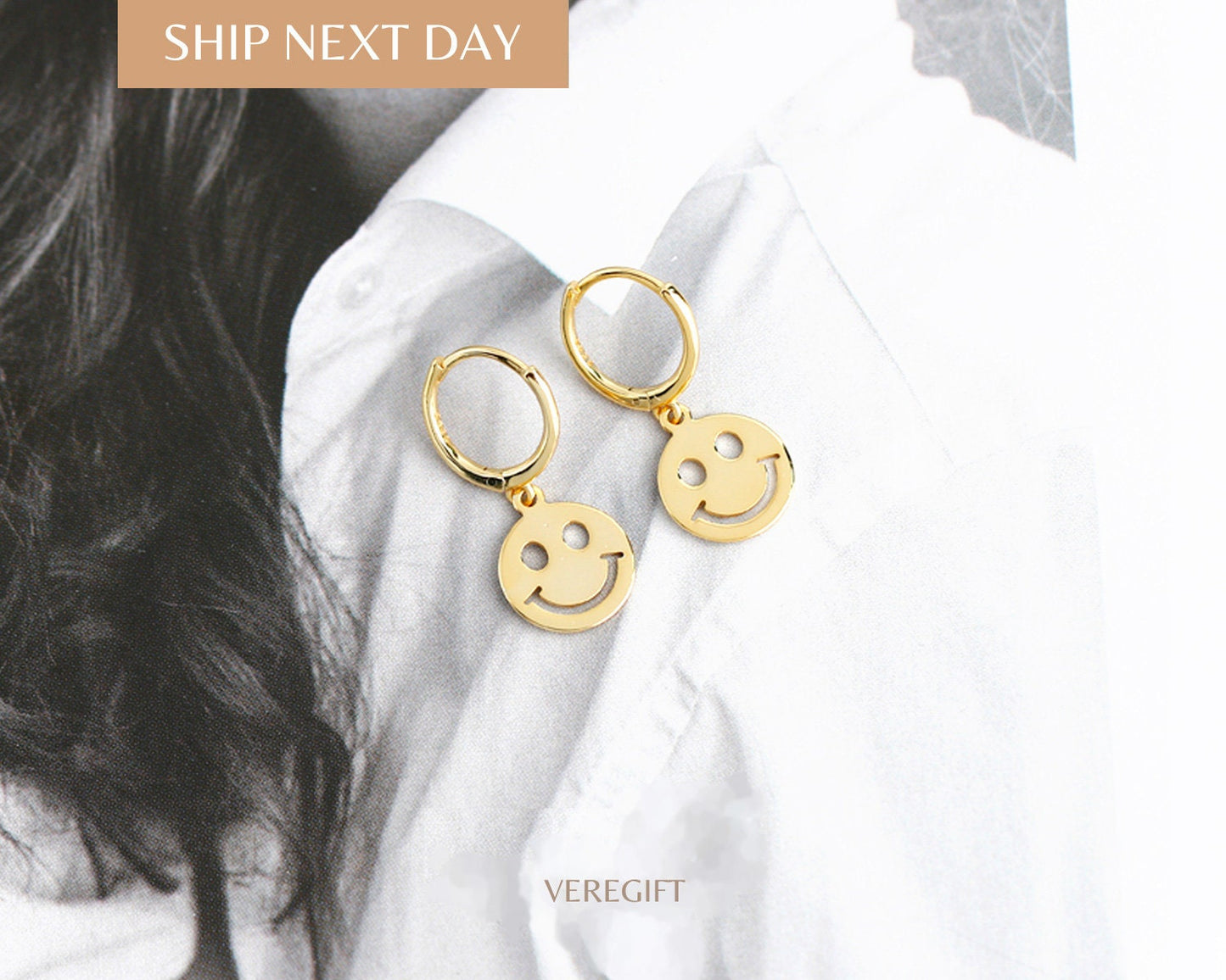 18k Gold Plated Smiley Face Hoop Earrings: Sterling Silver Minimalist Jewelry - EH1113