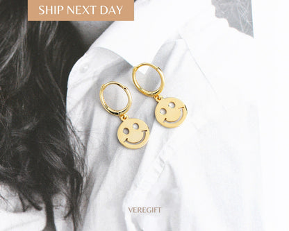 18k Gold Plated Smiley Face Hoop Earrings: Sterling Silver Minimalist Jewelry - EH1113